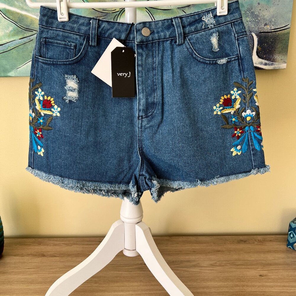 Very J Jean Denim Embroidered Flower Cut Off Shorts